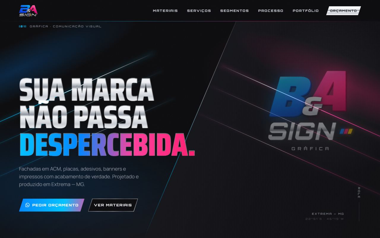 Página inicial do site da B&A Sign com o título Sua marca não passa despercebida