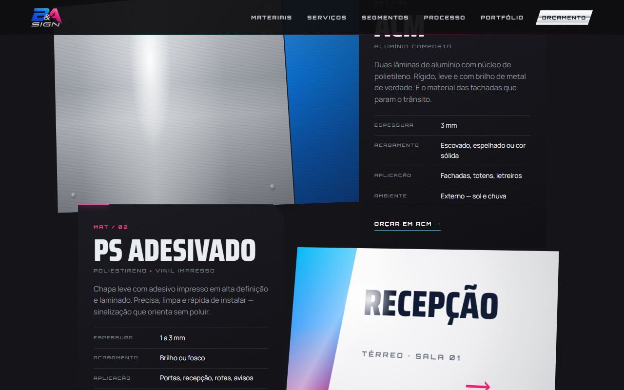 Seção de materiais do site da B&A Sign, com ACM e PS adesivado