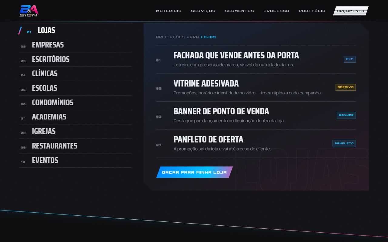 Seção de segmentos atendidos no site da B&A Sign