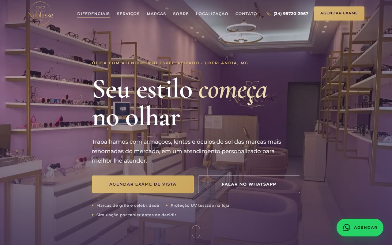 Página inicial do site da Ótica Noblesse, com a foto da loja e o botão para agendar exame de vista