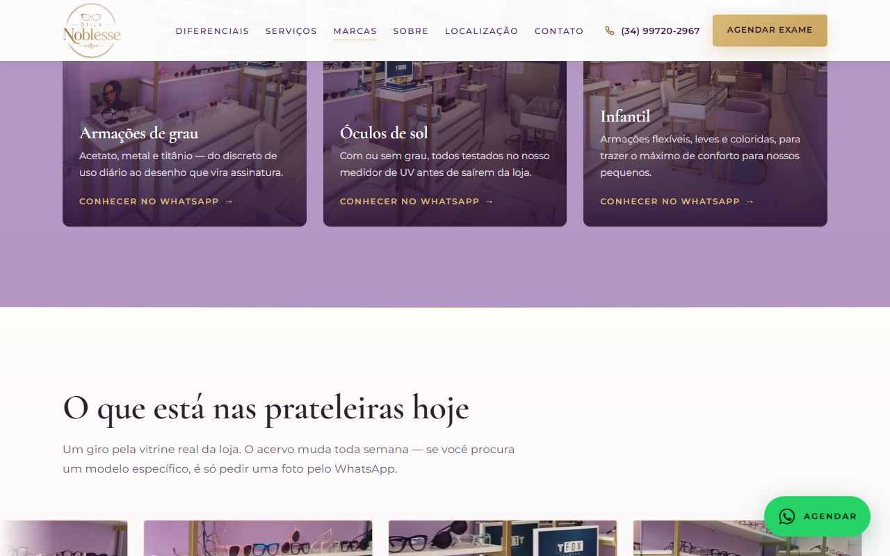 Seção de óculos e ambientes da loja no site da Ótica Noblesse