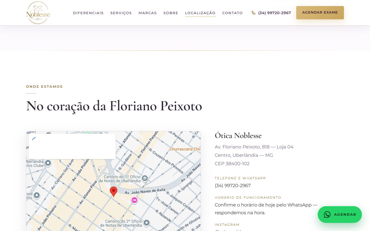 Mapa com a localização da Ótica Noblesse em Uberlândia